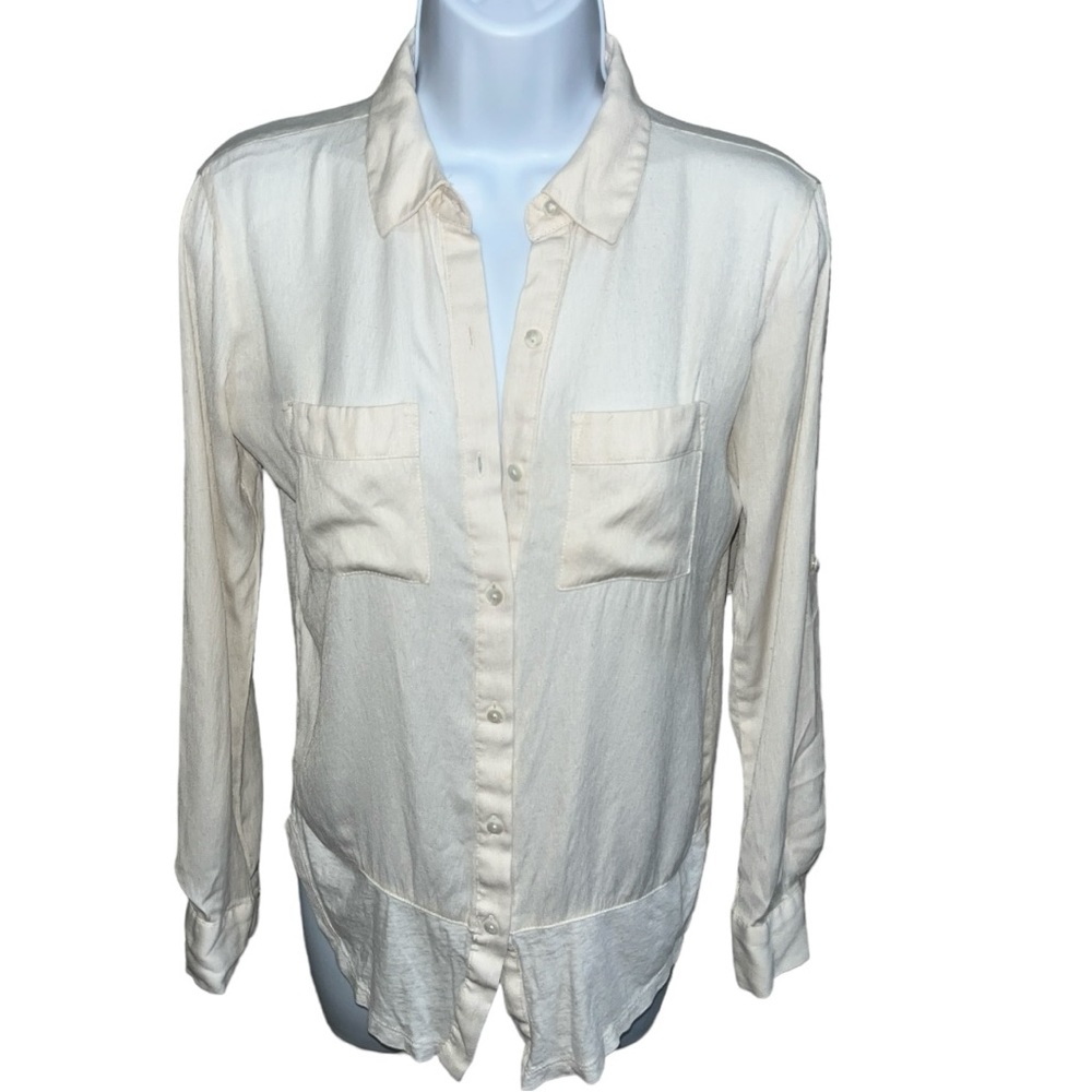 Women's Ann Taylor Loft Petite Beige Roll Tab Sleeve Button Down Top - XS